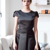 Black open back evening or cocktail midi dress with cap short sleeves, hand embellished , made in France