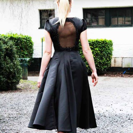 Black open back evening or cocktail midi dress with cap short sleeves, hand embellished , made in France