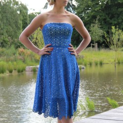 Strapless royal blue lace below knee evening or summer dress, made in France
