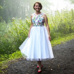 White tulle , cross front, midi length, hand embroidered dress, with U scoop back. One of a kind, made in France.