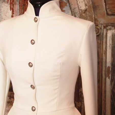 Asymmetrical ivory blazer with pleated peplum, collar officier, long sleeves, golden boutons, made in France