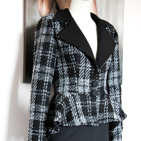 Single breasted asymmetrical peplum blazer in blue tweed, made to measure