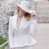 White fit and flare tweed bridal blazer with shawl collar