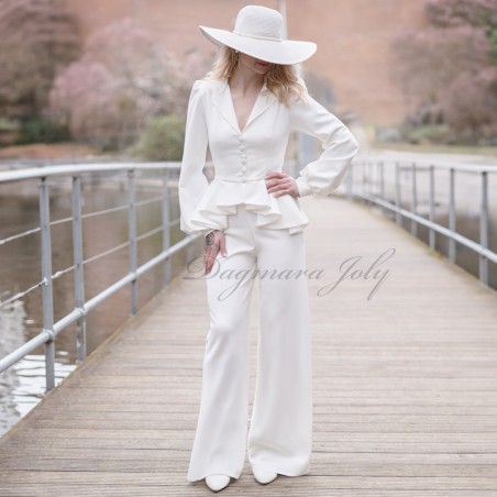 Asymmetrical peplum white bridal blazer , made to measure