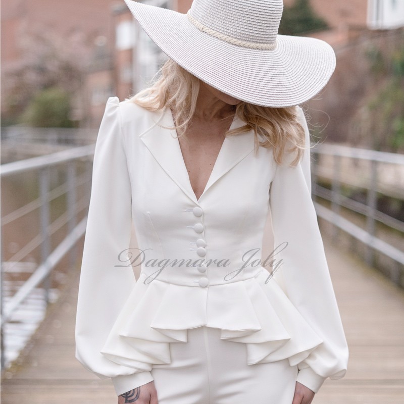 Asymmetrical peplum white bridal blazer , made to measure