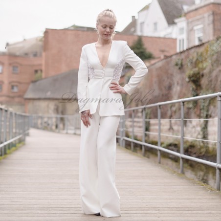 White pants suit with long peplum blazer , made to order