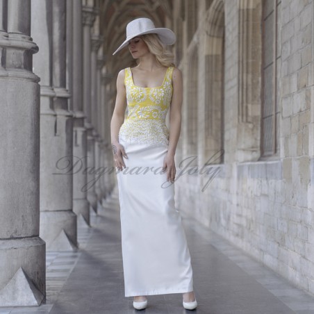 White long tube sleeveless bridal dress, embellished and embroidered
