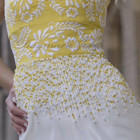 White long tube sleeveless bridal dress, embellished and embroidered