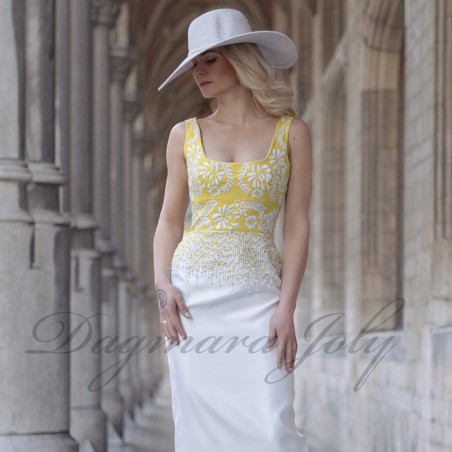 White long tube sleeveless bridal dress, embellished and embroidered