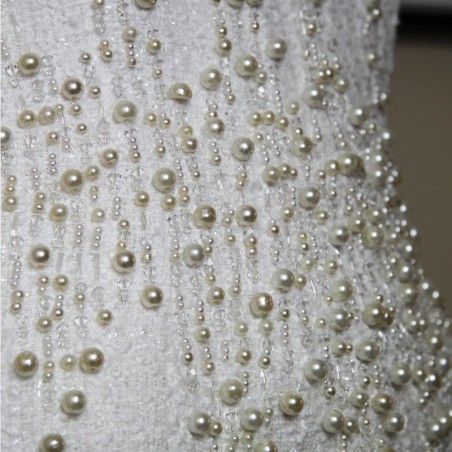 Pencil strapless wedding or evening / cocktail dress , mi length, embellished with pearls, made to measure
