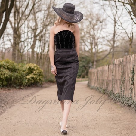 Strapless midi length black evening bustier dress