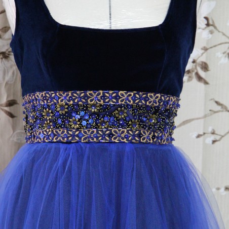Detail of shirred tulle skirt in midnight blue evening gown