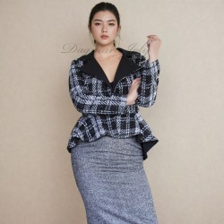 Blazer / jacket à boutonnage simple à basque asymétrique en tweed, fait sur mesure en France