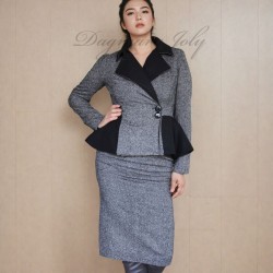 Blazer femme à boutonnage simple, croisé, à basque en tweed gris, fait sur mesure