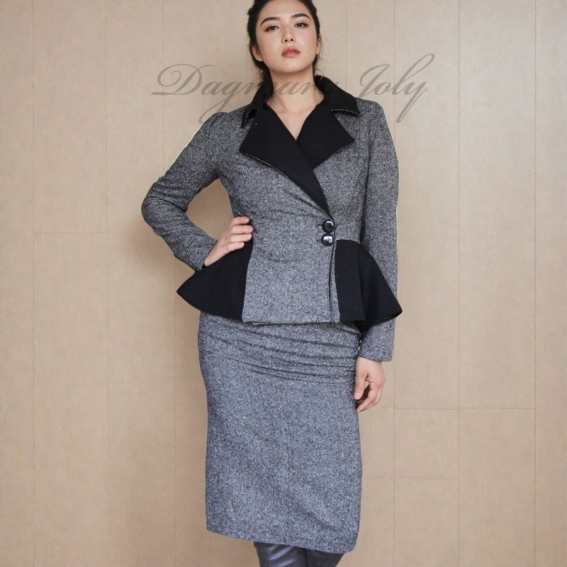 Blazer femme à boutonnage simple, croisé, à basque en tweed gris, fait sur mesure
