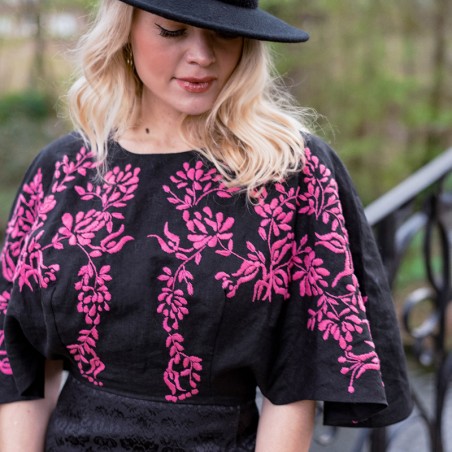 Butterfly sleeves black little dress with hand embroidery