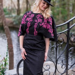 Bat sleeves midi length black pencil open back evening dress