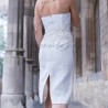 Bride in motion wearing one-of-a-kind tweed wedding dress, showcasing fluid fit and graceful design
