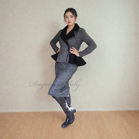 Blazer femme à boutonnage simple, croisé, à basque en tweed gris, fait sur mesure
