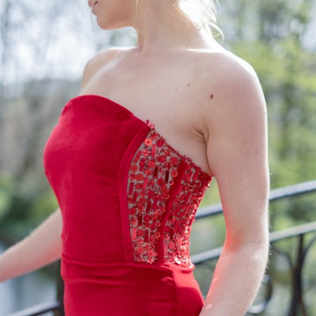 Red velvet strapless floor length bustier evening dress with train