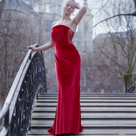 Front view of the red handmade couture velvet evening dress