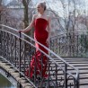 Front view of the red handmade floor length evening dress with train