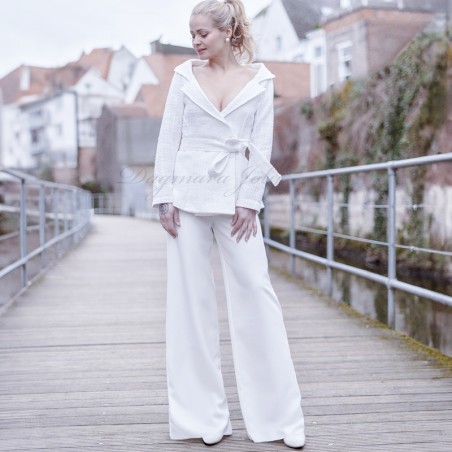 White wrap tweed bridal blazer off the shoulder, made to measure