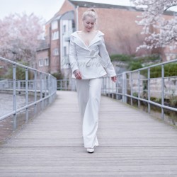 White wrap tweed bridal blazer off the shoulder, made to measure