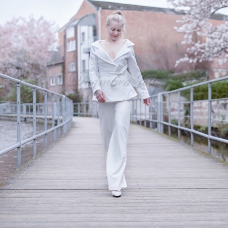 White wrap tweed bridal blazer off the shoulder, made to measure