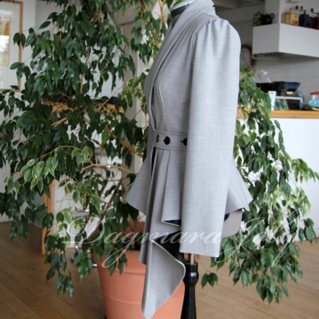 Elegant asymmetrical peplum jacket with a refined shawl collar, custom-made for a perfectly tailored fit.