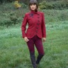 Short red wool outerwear jacket, asymmetrical design, perfect for office and versatile layering.