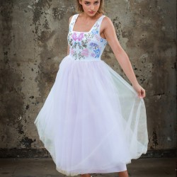 French-crafted midi dress in blush tulle and natural linen