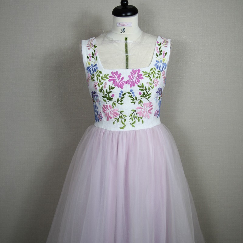 Detail of French craftsmanship on handmade tulle dress
