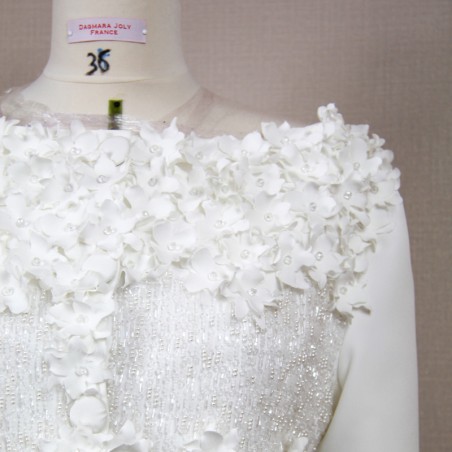 Veste de mariée blanche courte à manches 3/4 , fabrication francaise sur mesure