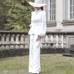 Chic long crepe jacket with original line, peplum effect and oversized rounded sleeves