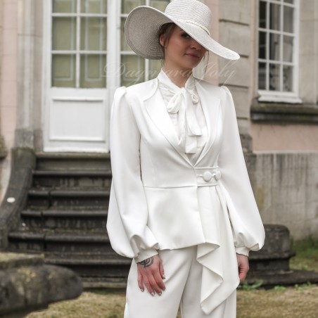 White fluid crepe jacket with offset silhouette, flared waist, and puffed sleeves, bespoke piece