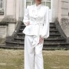 White blazer with asymmetrical shape, flared waist and airy sleeves, suited for special occasions