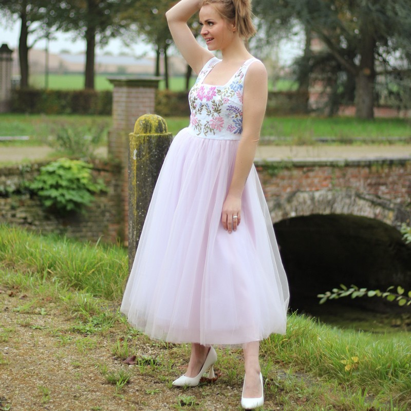 One-of-a-kind blush pink tulle midi dress, hand embroidered, made in France