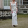 Front view of custom made-to-measure wedding dress with handmade flower