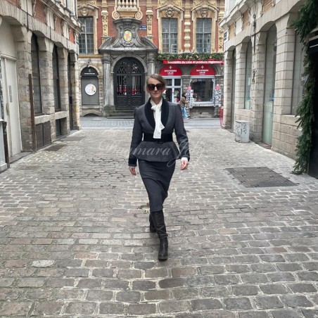 Single breasted shawl collar jacket with puff sleeves a custom-made piece with a contemporary design.