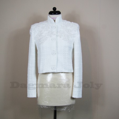 Veste blanche courte habillée en tweed avec col officier, fabrication française