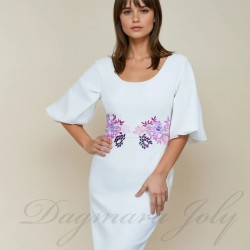 Full front view of the made-to-measure midi wedding dress worn by model