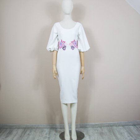 Full front view of the midi wedding dress displayed on a mannequin