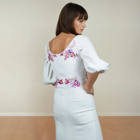 Back view of the midi wedding dress showing 3/4 balloon sleeves and U scoop neckline