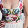 Zoomed view of intricate floral stitching on white bridal gown