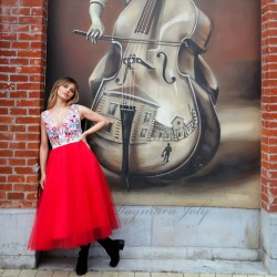 Front view of red tulle sleeveless midi dress on model, handmade in France