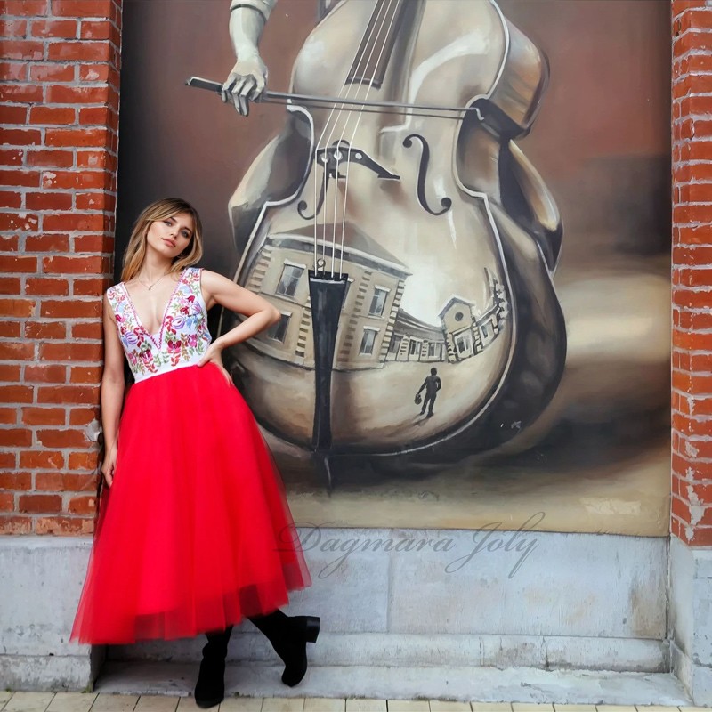 Front view of red tulle sleeveless midi dress on model, handmade in France