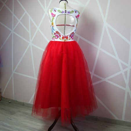 Back view of one-of-a-kind red tulle midi dress with open back design