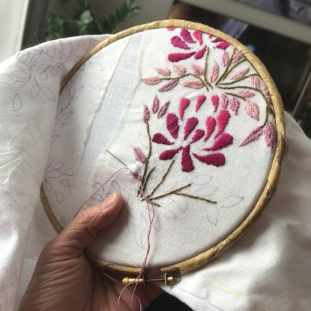 Zoom artistique sur broderie florale et col halter – élégance poétique d’une robe en lin