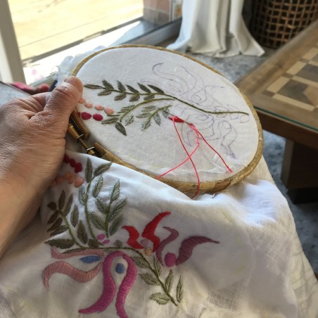 Zoomed-in stitches showing artisanal embroidery on linen dress